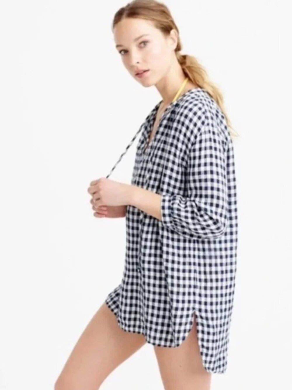 J Crew Womens S Linen NavyCheck Plaid Tunic Popover Shirt LS Overfit Soft